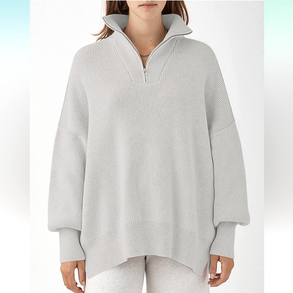 Long Sleeve 1/4 Zipper Collar Drop Shoulder Oversized Slouchy Sweater with Slit - Picture 3 of 8